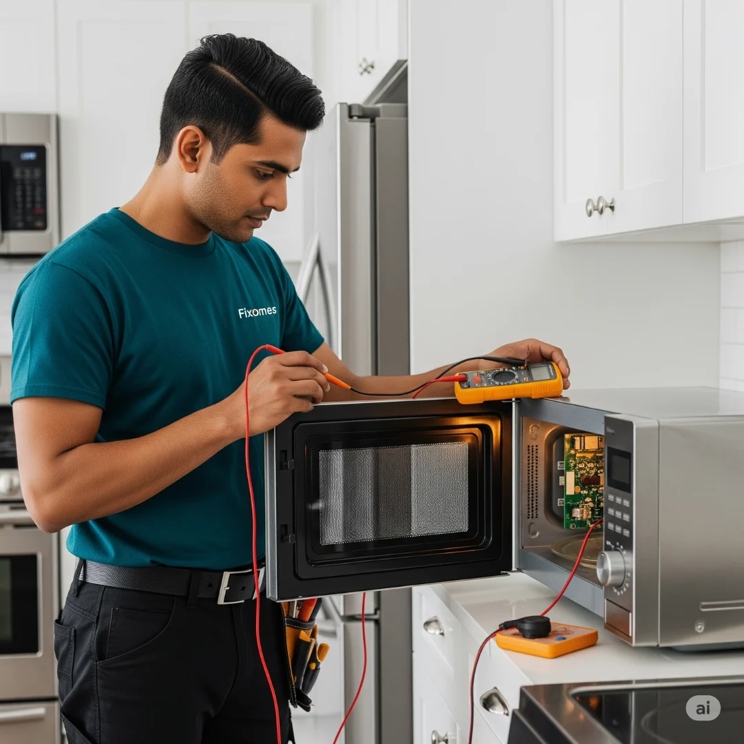 Microwave repair technician diagnosing and repairing a residential microwave oven in a Gainesville FL kitchen