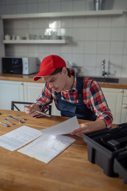 Appliance repair technician reviewing a service order before beginning a home appliance repair.