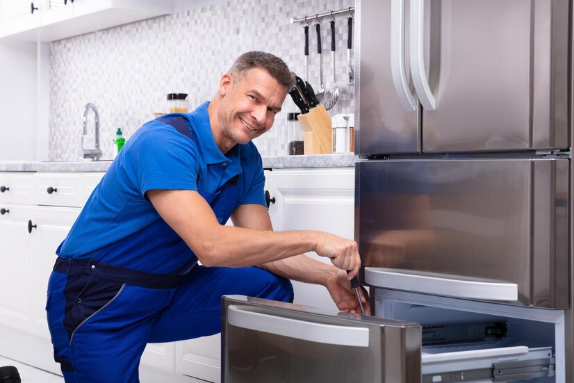 Professional appliance repair technician servicing a residential refrigerator in Alachua, FL